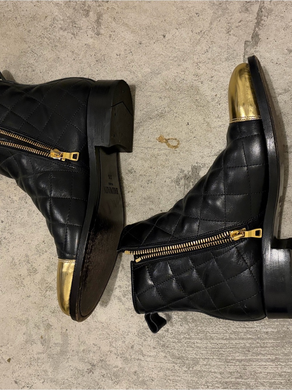 Balmain Black Quilted Leather Ankle Boots with Gold Cap Toe image 4
